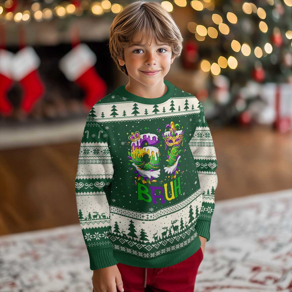 Funny 67 Mardi Gras Bruh Ugly Christmas Sweater Six Seven Meme Fleur De Lis Hand Gesture TS11 Forest Green Beige Print Your Wear