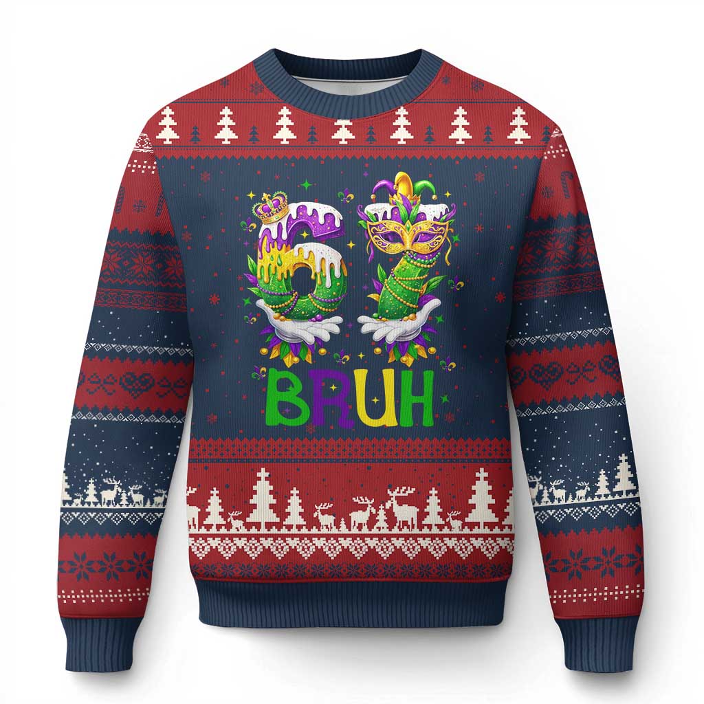 Funny 67 Mardi Gras Bruh Ugly Christmas Sweater Six Seven Meme Fleur De Lis Hand Gesture TS11 Navy Red Print Your Wear