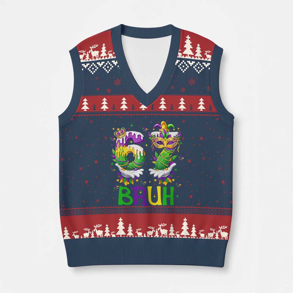 Funny 67 Mardi Gras Bruh V-Neck Knit Sweater Vest Six Seven Meme Fleur De Lis Hand Gesture TS11 Navy Red Print Your Wear