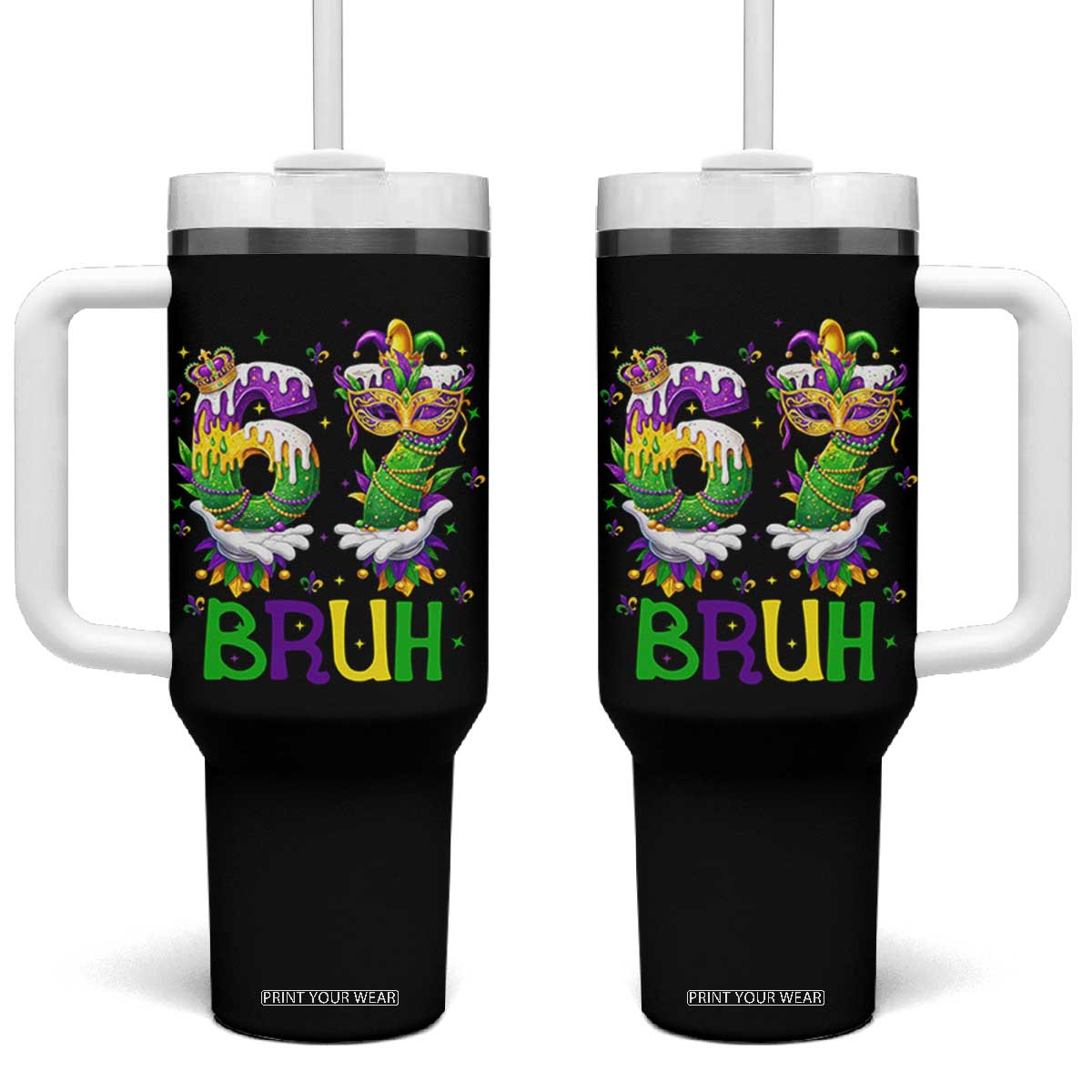 Funny 67 Mardi Gras Bruh Tumbler With Handle Six Seven Meme Fleur De Lis Hand Gesture TS11 One Size: 40 oz Black Print Your Wear