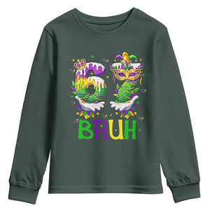 Funny 67 Mardi Gras Bruh Youth Sweatshirt Six Seven Meme Fleur De Lis Hand Gesture TS11 Dark Forest Green Print Your Wear