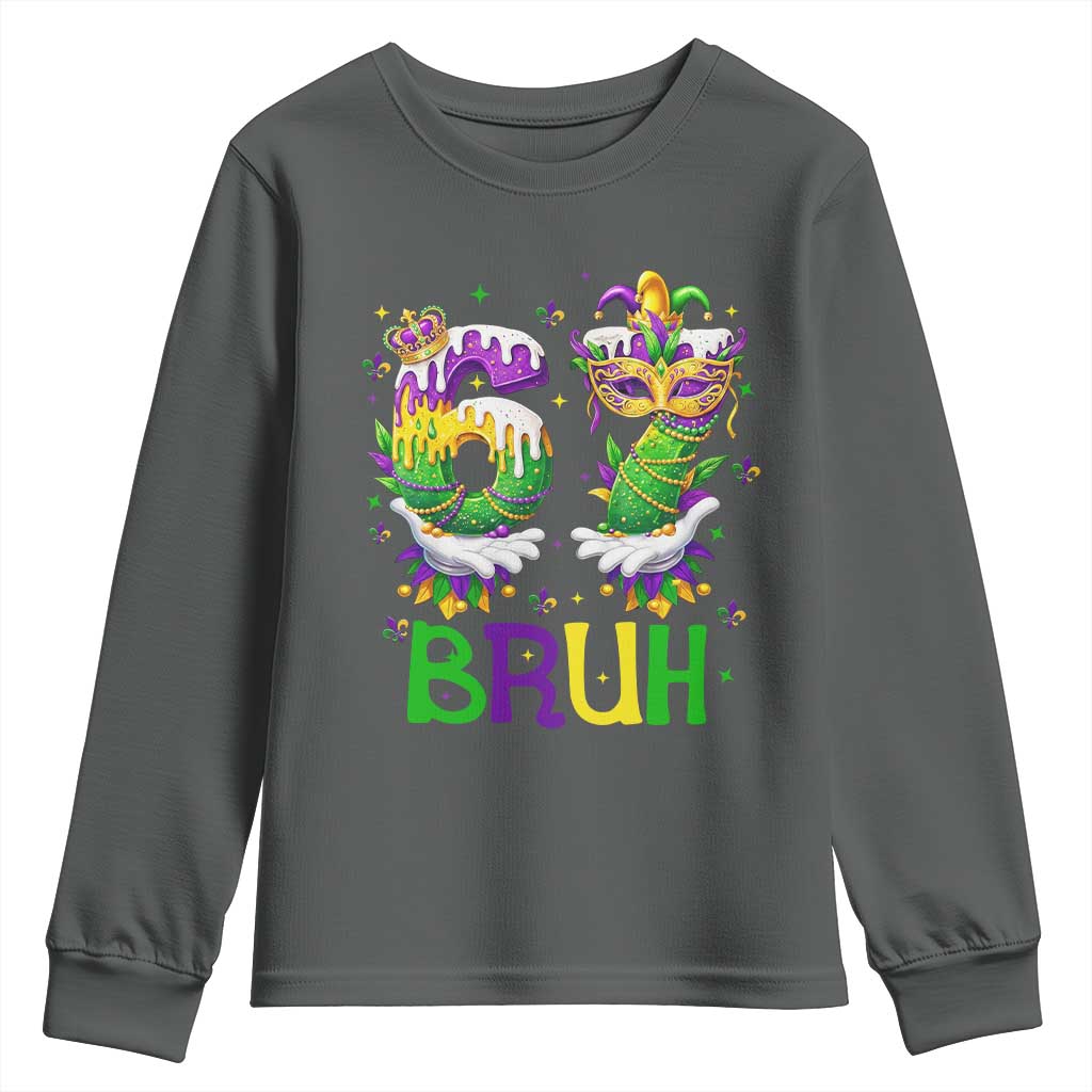 Funny 67 Mardi Gras Bruh Youth Sweatshirt Six Seven Meme Fleur De Lis Hand Gesture TS11 Dark Heather Print Your Wear