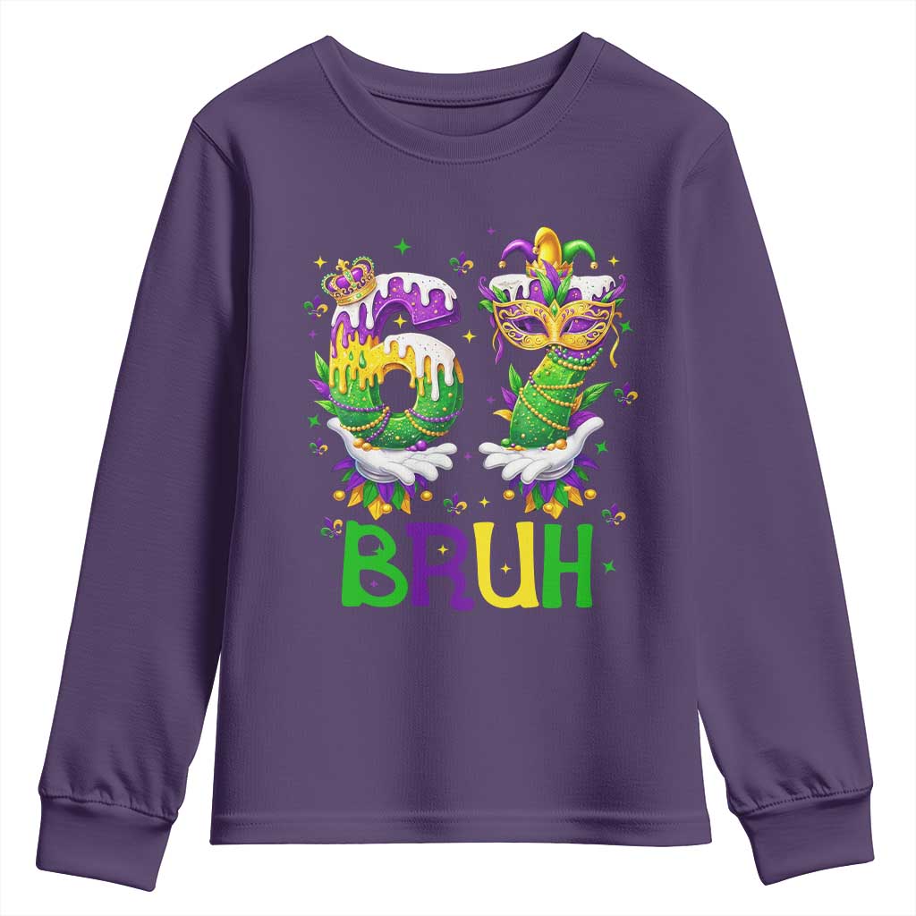 Funny 67 Mardi Gras Bruh Youth Sweatshirt Six Seven Meme Fleur De Lis Hand Gesture TS11 Purple Print Your Wear