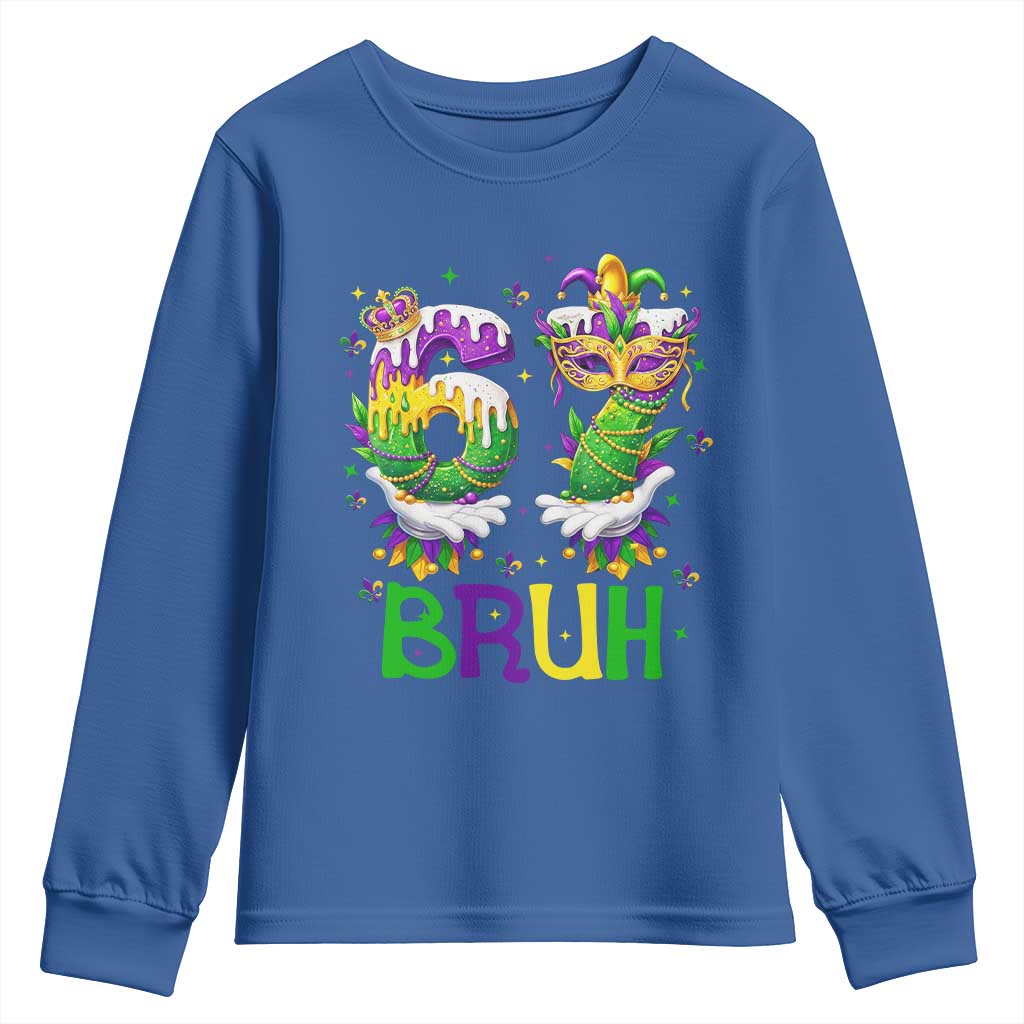 Funny 67 Mardi Gras Bruh Youth Sweatshirt Six Seven Meme Fleur De Lis Hand Gesture TS11 Royal Blue Print Your Wear