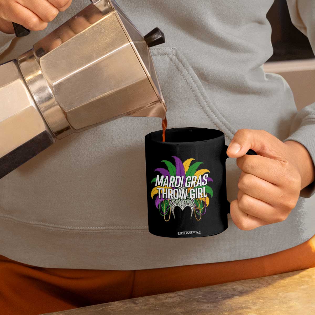 Mardi Gras Throw Girl Coffee Mug Funny New Orleans Carnival Headdress Beads TS11 Print Your Wear