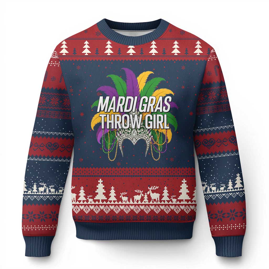 Mardi Gras Throw Girl Ugly Christmas Sweater Funny New Orleans Carnival Headdress Beads TS11 Navy Red Print Your Wear