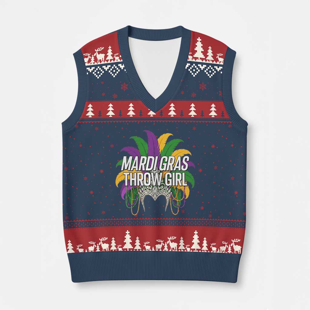 Mardi Gras Throw Girl V-Neck Knit Sweater Vest Funny New Orleans Carnival Headdress Beads TS11 Navy Red Print Your Wear