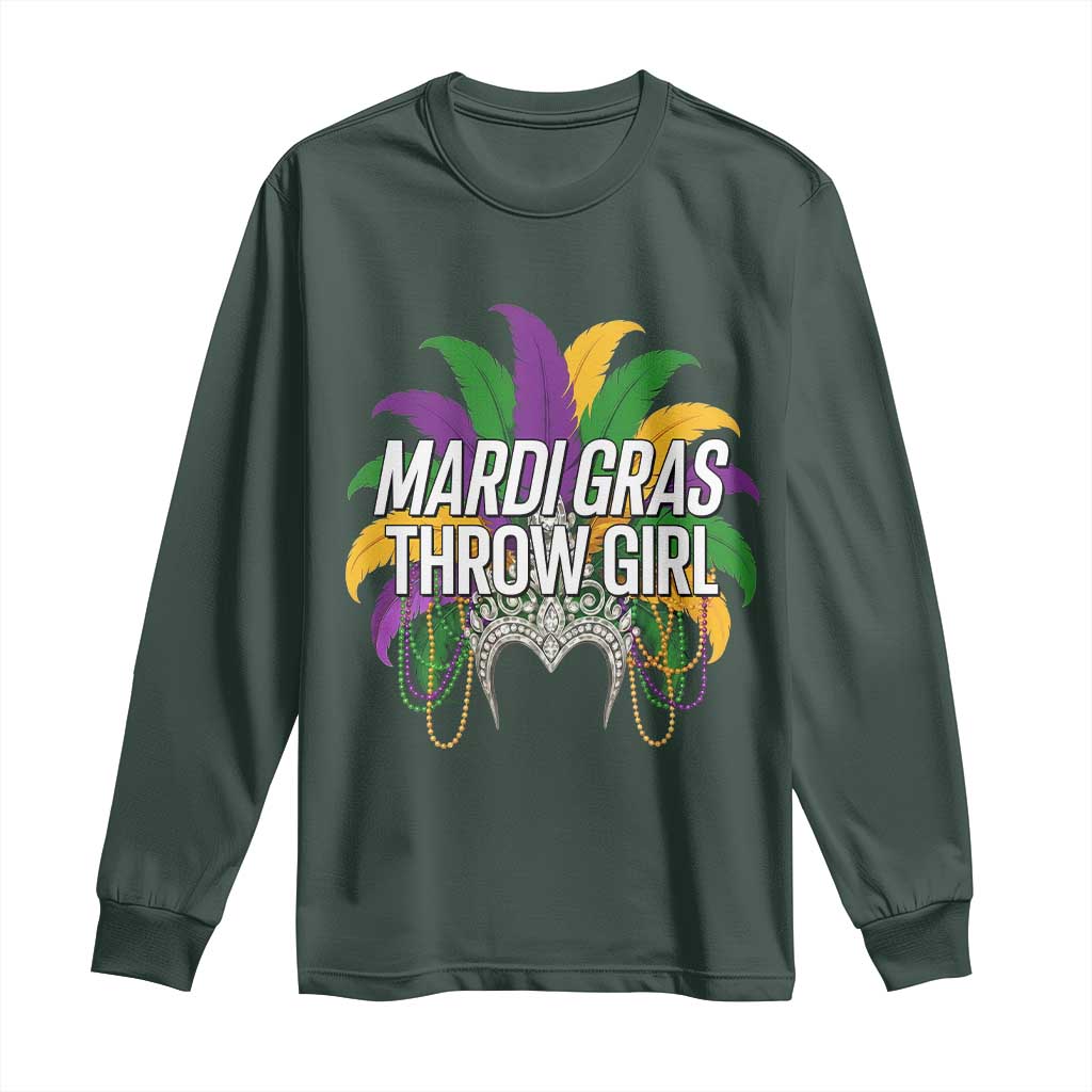 Mardi Gras Throw Girl Long Sleeve Shirt Funny New Orleans Carnival Headdress Beads TS11 Dark Forest Green Print Your Wear