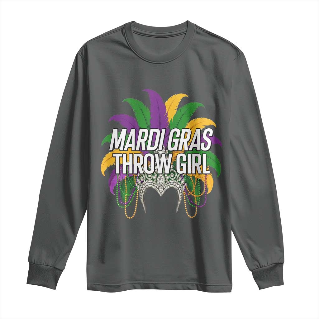 Mardi Gras Throw Girl Long Sleeve Shirt Funny New Orleans Carnival Headdress Beads TS11 Dark Heather Print Your Wear
