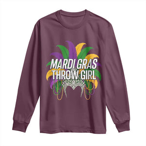 Mardi Gras Throw Girl Long Sleeve Shirt Funny New Orleans Carnival Headdress Beads TS11 Maroon Print Your Wear