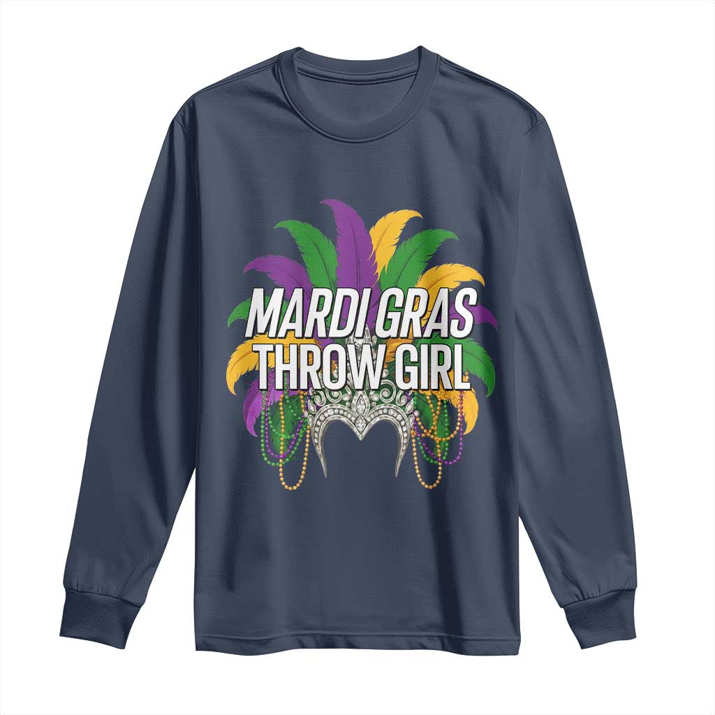 Mardi Gras Throw Girl Long Sleeve Shirt Funny New Orleans Carnival Headdress Beads TS11 Navy Print Your Wear