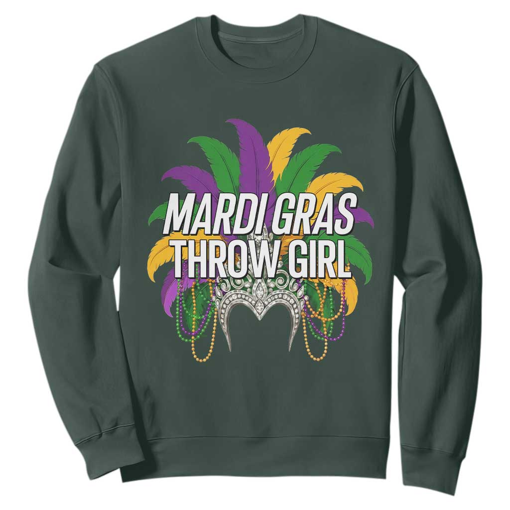 Mardi Gras Throw Girl Sweatshirt Funny New Orleans Carnival Headdress Beads TS11 Dark Forest Green Print Your Wear