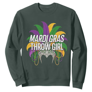 Mardi Gras Throw Girl Sweatshirt Funny New Orleans Carnival Headdress Beads TS11 Dark Forest Green Print Your Wear