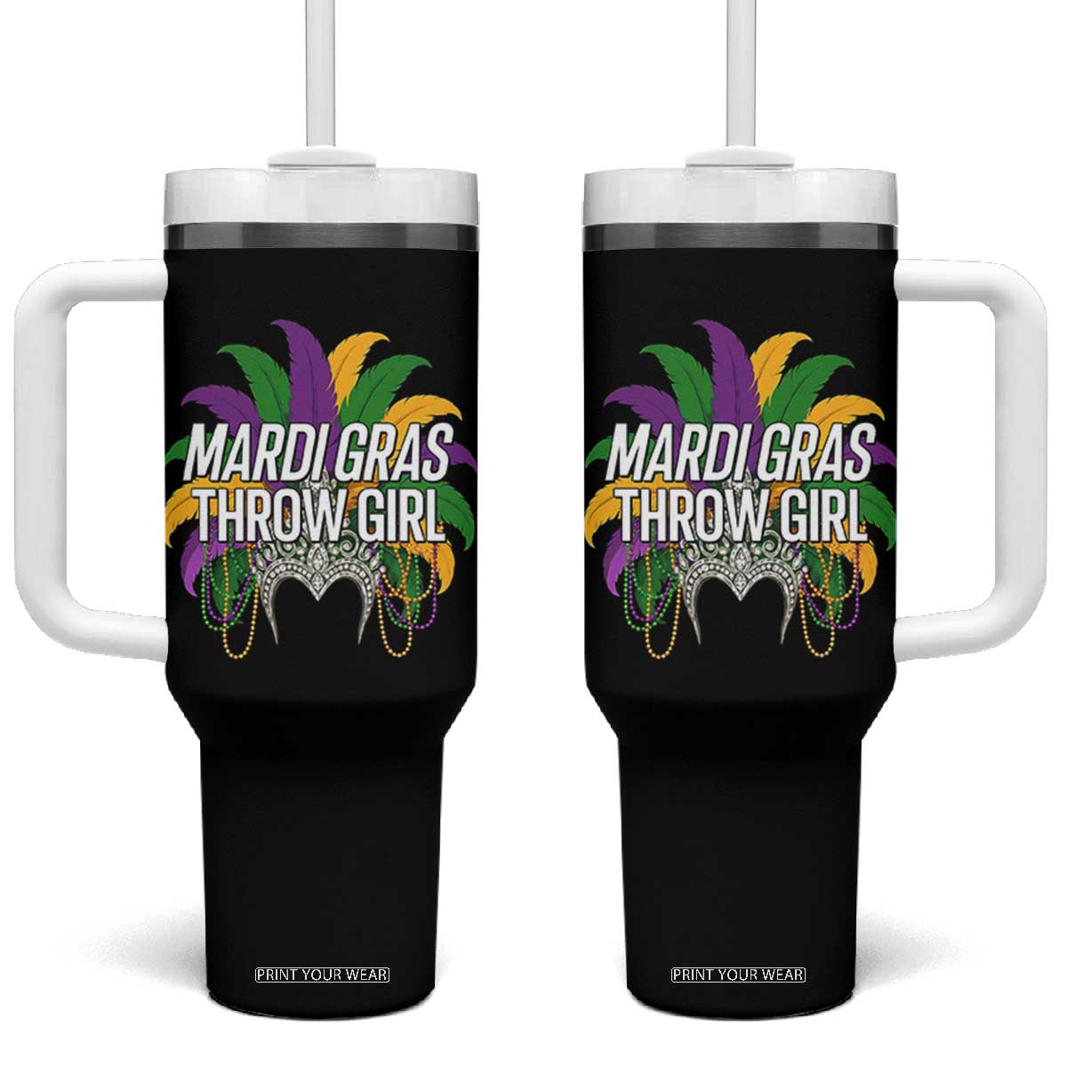 Mardi Gras Throw Girl Tumbler With Handle Funny New Orleans Carnival Headdress Beads TS11 One Size: 40 oz Black Print Your Wear