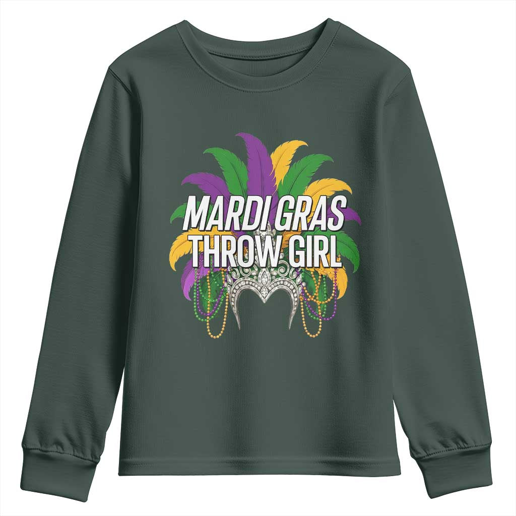 Mardi Gras Throw Girl Youth Sweatshirt Funny New Orleans Carnival Headdress Beads TS11 Dark Forest Green Print Your Wear