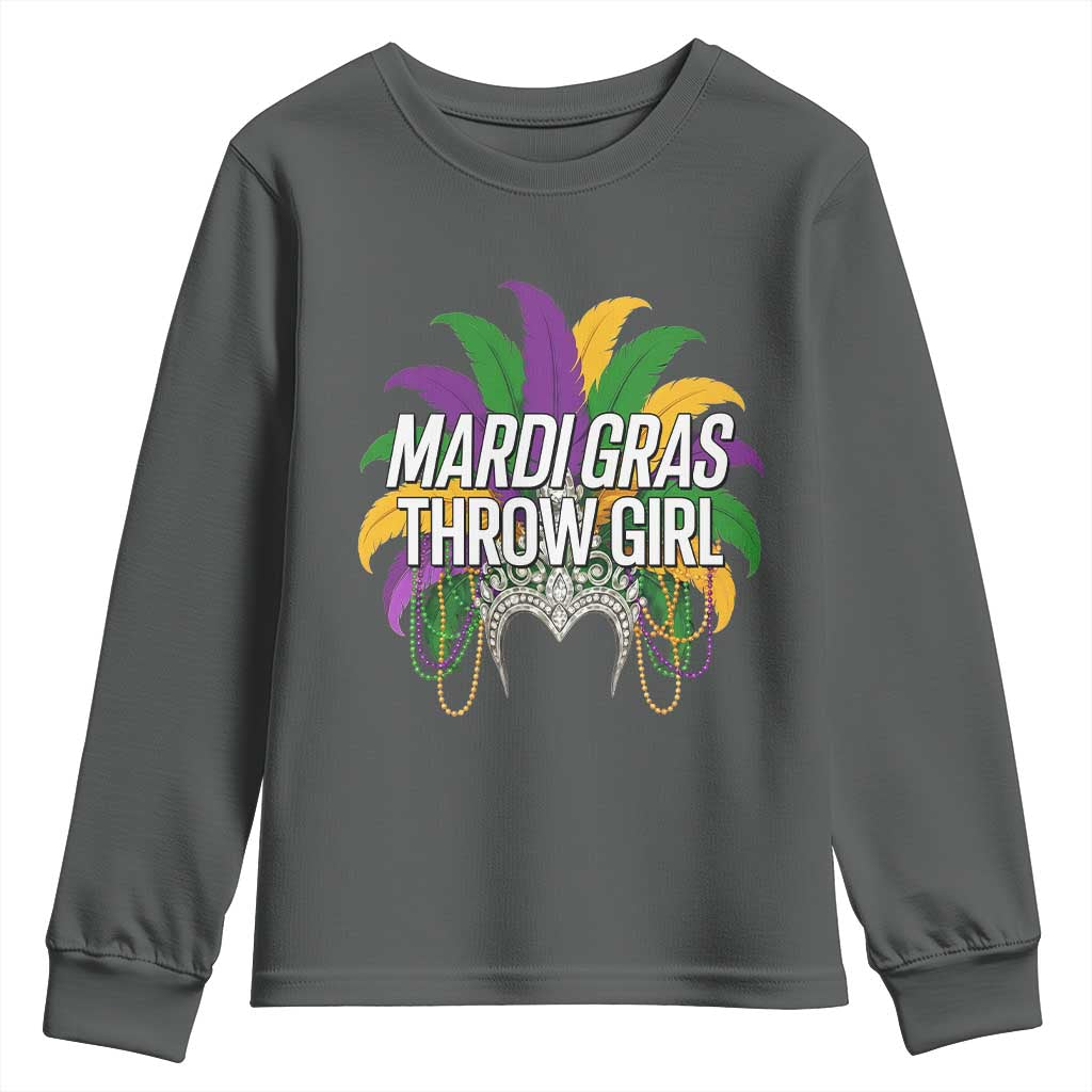 Mardi Gras Throw Girl Youth Sweatshirt Funny New Orleans Carnival Headdress Beads TS11 Dark Heather Print Your Wear