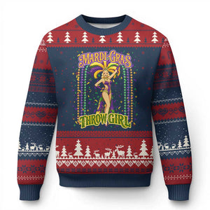 Funny Mardi Gras Throw Girl Ugly Christmas Sweater New Orleans Carnival Beads TS11 Navy Red Print Your Wear