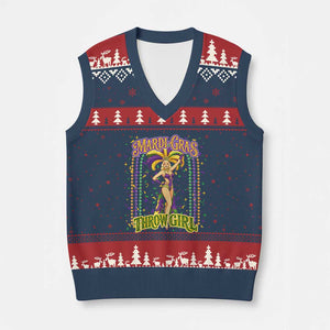 Funny Mardi Gras Throw Girl V-Neck Knit Sweater Vest New Orleans Carnival Beads TS11 Navy Red Print Your Wear