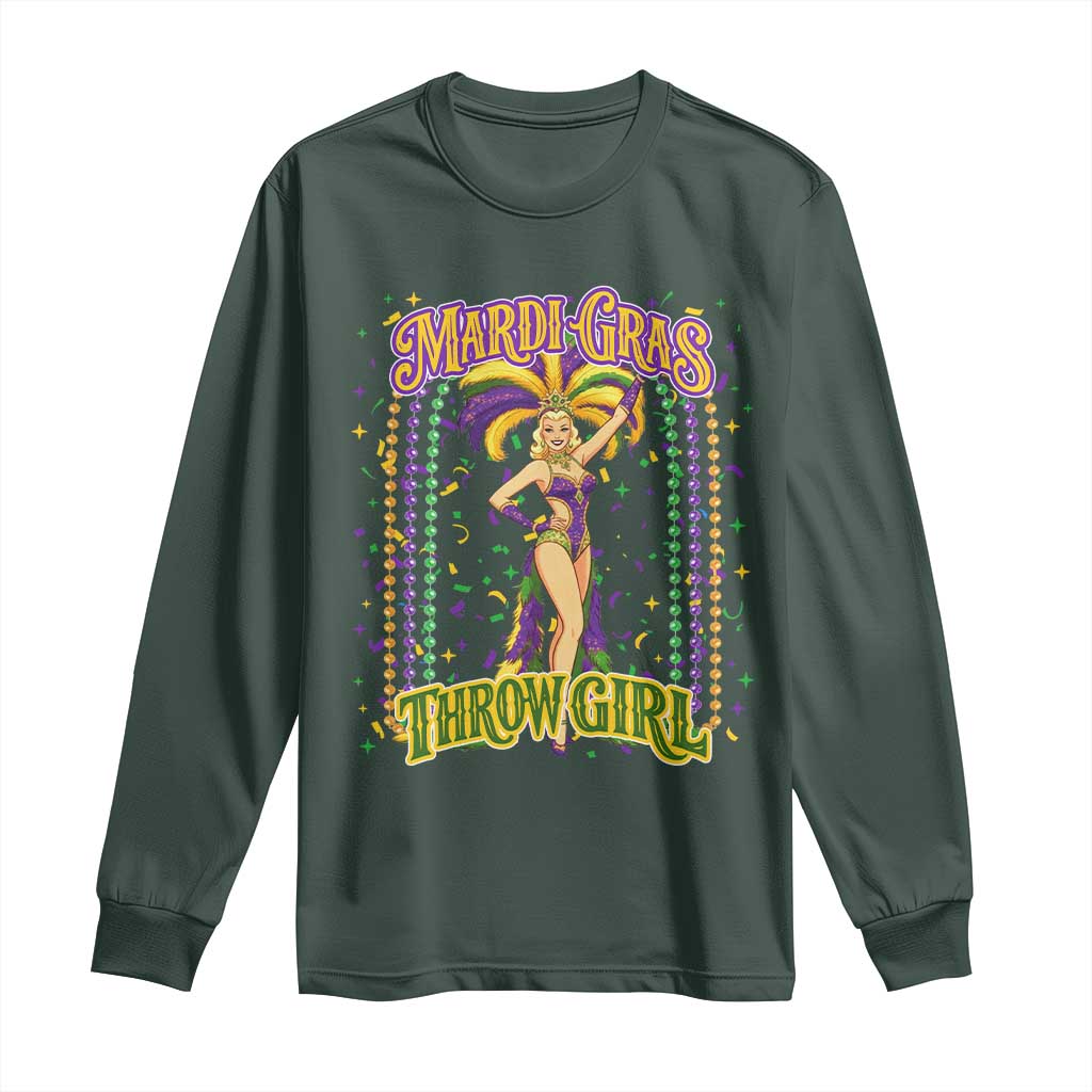 Funny Mardi Gras Throw Girl Long Sleeve Shirt New Orleans Carnival Beads TS11 Dark Forest Green Print Your Wear