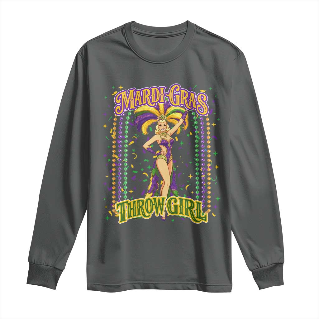 Funny Mardi Gras Throw Girl Long Sleeve Shirt New Orleans Carnival Beads TS11 Dark Heather Print Your Wear