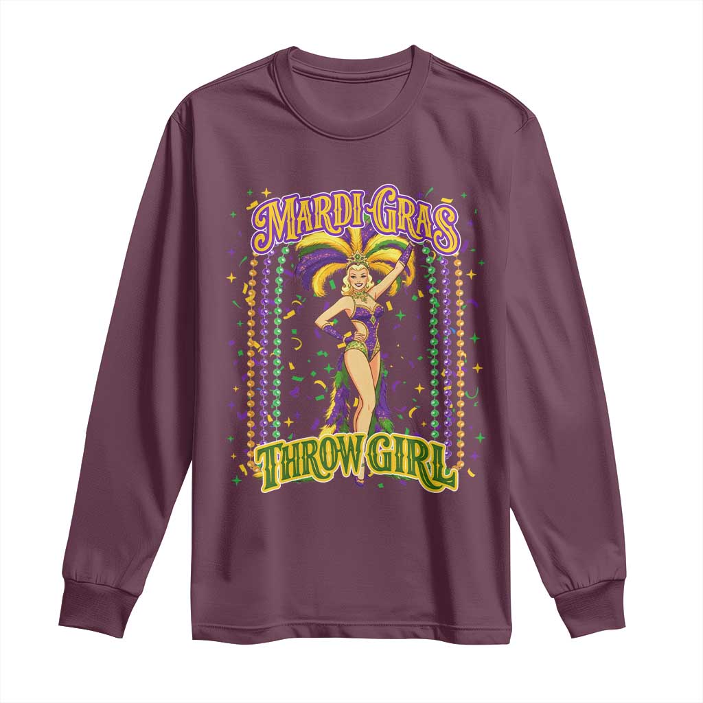 Funny Mardi Gras Throw Girl Long Sleeve Shirt New Orleans Carnival Beads TS11 Maroon Print Your Wear