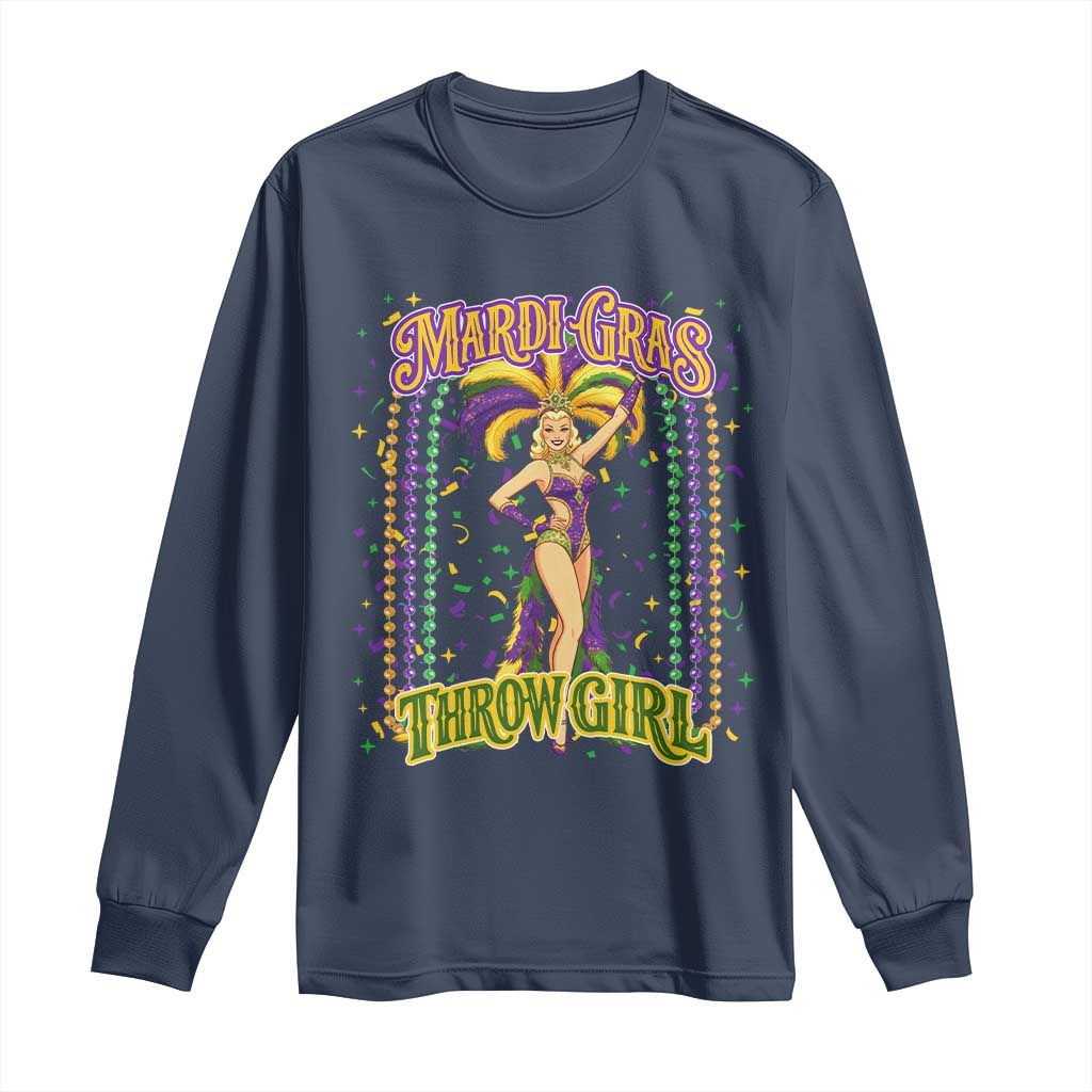 Funny Mardi Gras Throw Girl Long Sleeve Shirt New Orleans Carnival Beads TS11 Navy Print Your Wear