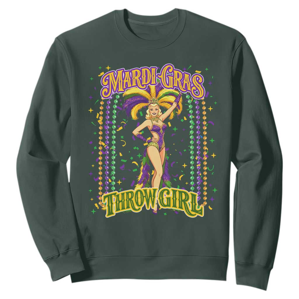 Funny Mardi Gras Throw Girl Sweatshirt New Orleans Carnival Beads TS11 Dark Forest Green Print Your Wear