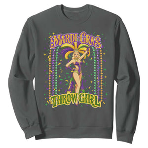 Funny Mardi Gras Throw Girl Sweatshirt New Orleans Carnival Beads TS11 Dark Heather Print Your Wear