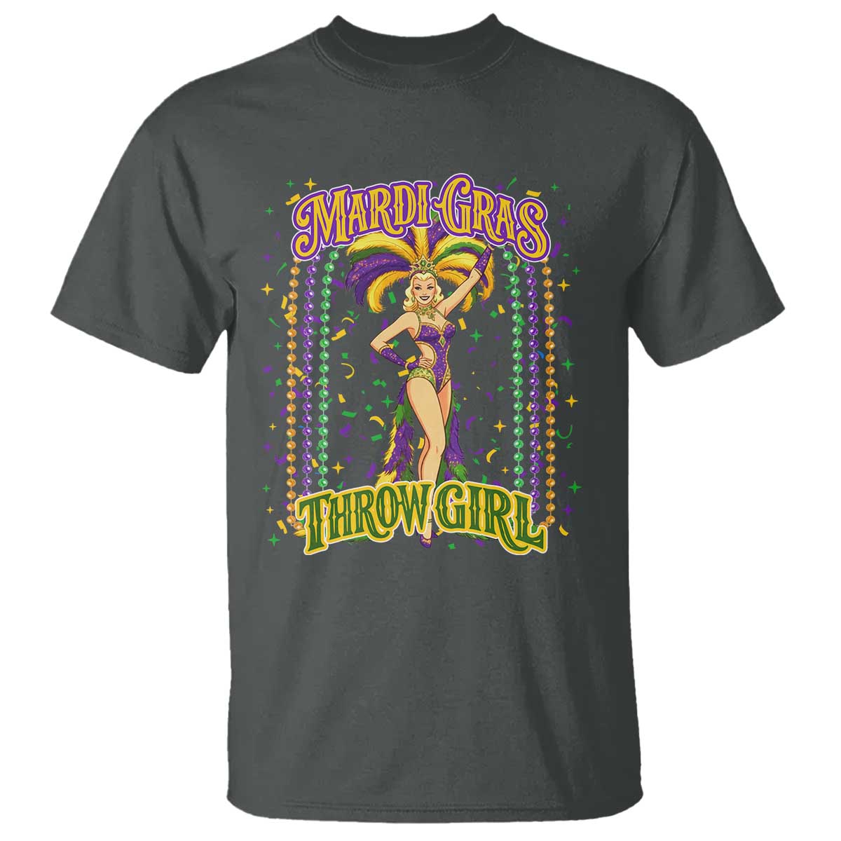 Funny Mardi Gras Throw Girl T Shirt New Orleans Carnival Beads TS11 Dark Heather Print Your Wear
