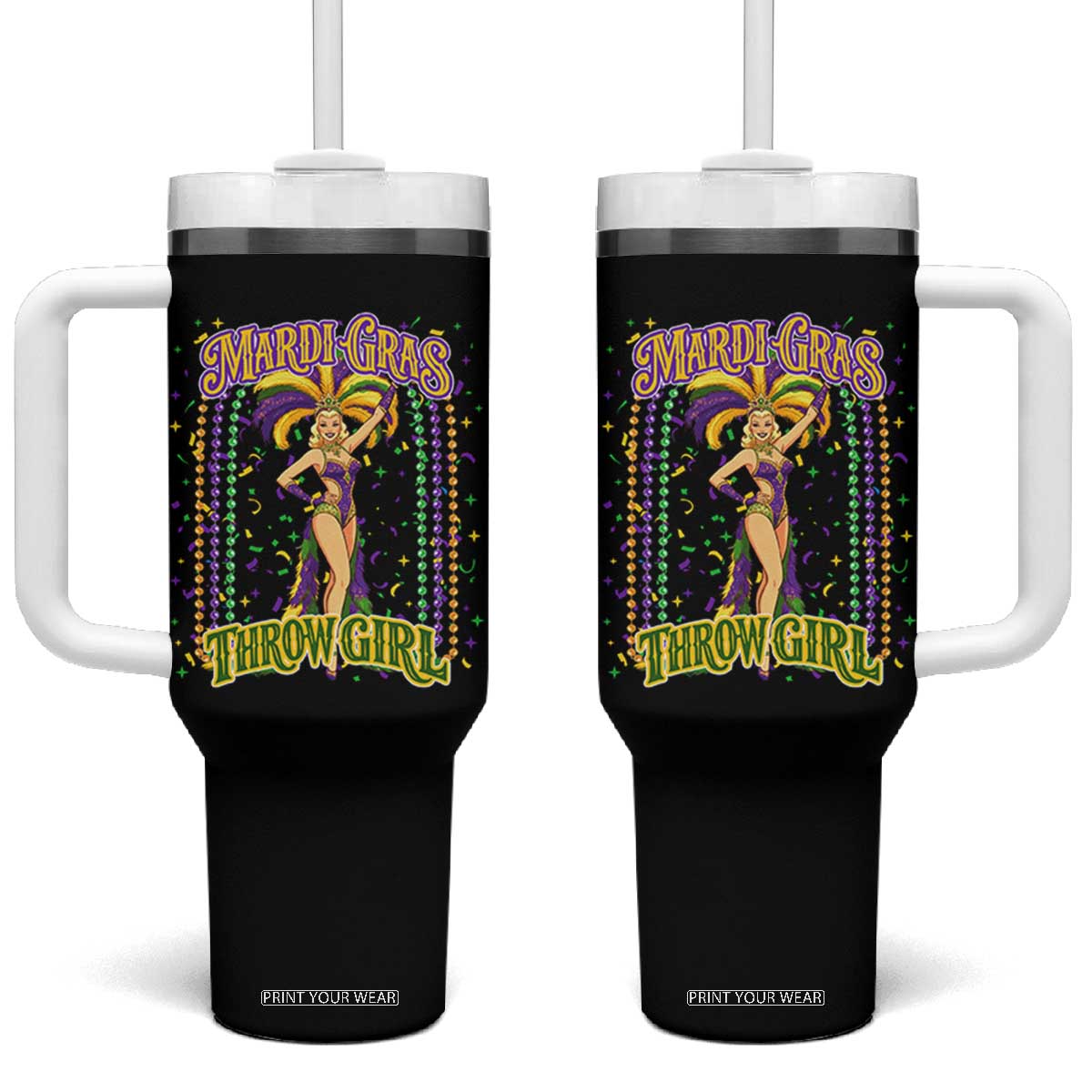 Funny Mardi Gras Throw Girl Tumbler With Handle New Orleans Carnival Beads TS11 One Size: 40 oz Black Print Your Wear