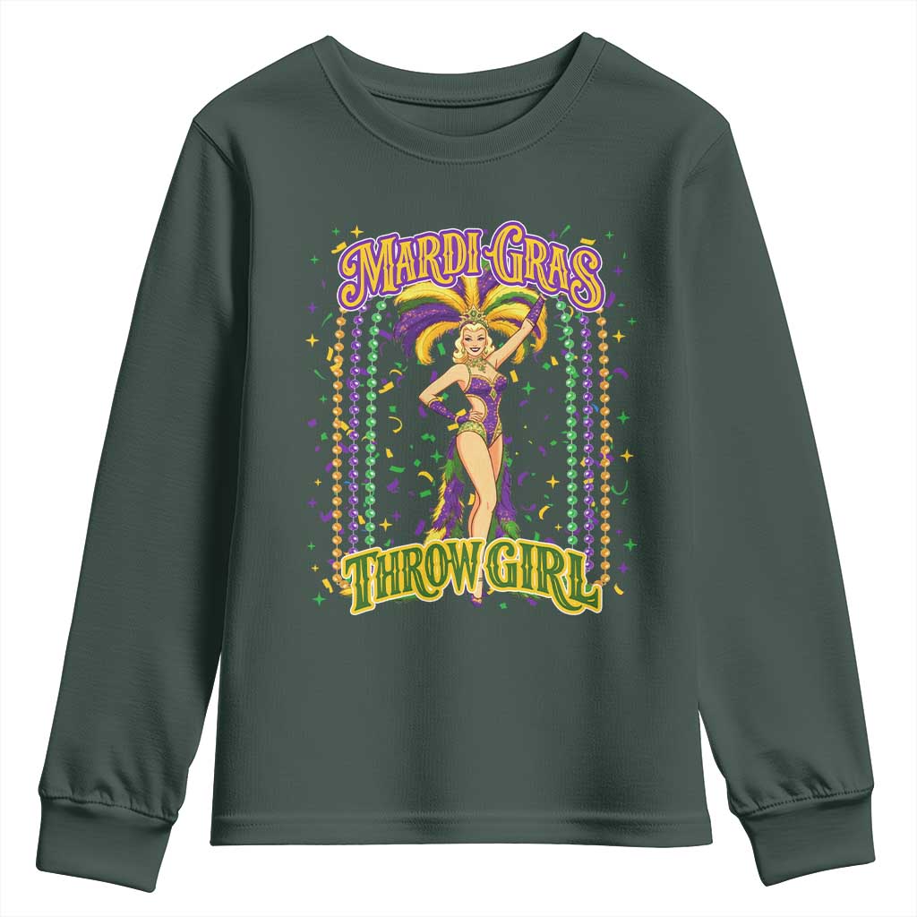 Funny Mardi Gras Throw Girl Youth Sweatshirt New Orleans Carnival Beads TS11 Dark Forest Green Print Your Wear