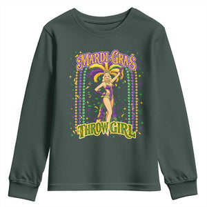Funny Mardi Gras Throw Girl Youth Sweatshirt New Orleans Carnival Beads TS11 Dark Forest Green Print Your Wear