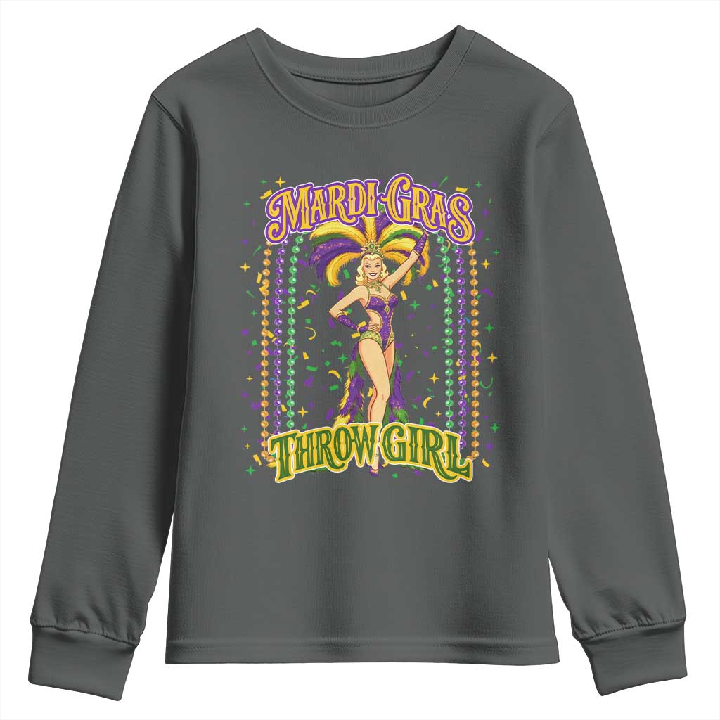 Funny Mardi Gras Throw Girl Youth Sweatshirt New Orleans Carnival Beads TS11 Dark Heather Print Your Wear