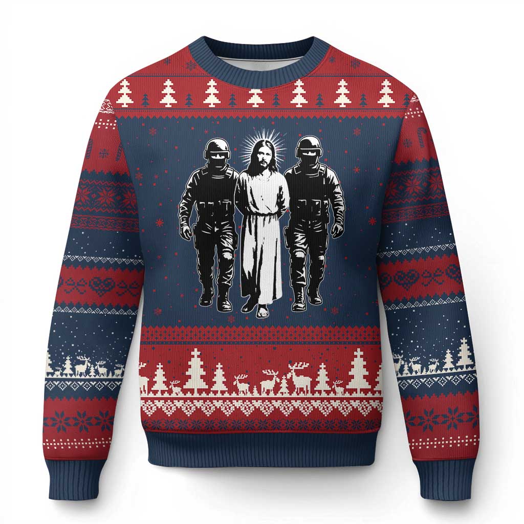 Jesus Arrested Parody Ugly Christmas Sweater Funny Immigrant Rights Political Protest TS11 Navy Red Print Your Wear