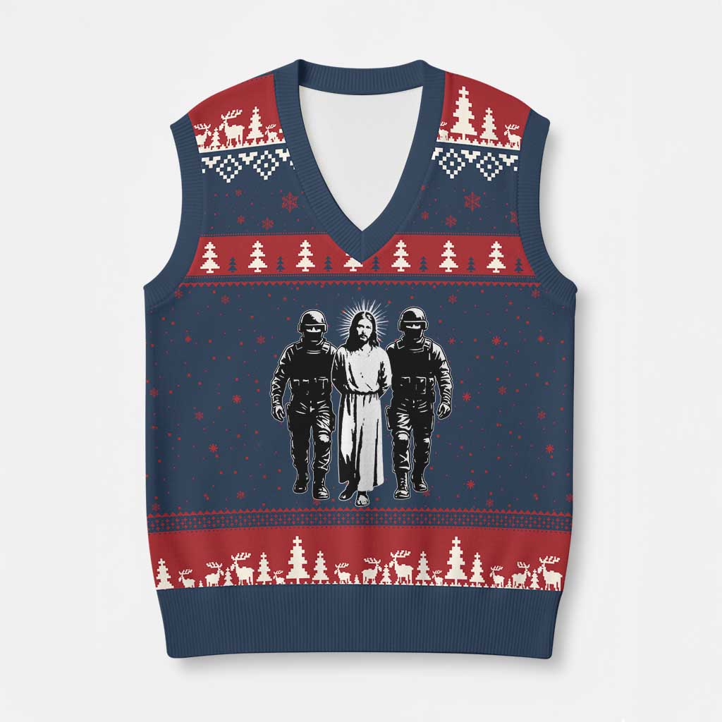 Jesus Arrested Parody V-Neck Knit Sweater Vest Funny Immigrant Rights Political Protest TS11 Navy Red Print Your Wear