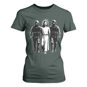 Jesus Arrested Parody T Shirt For Women Funny Immigrant Rights Political Protest TS11 Dark Forest Green Print Your Wear