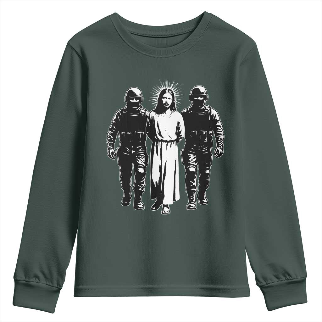 Jesus Arrested Parody Youth Sweatshirt Funny Immigrant Rights Political Protest TS11 Dark Forest Green Print Your Wear