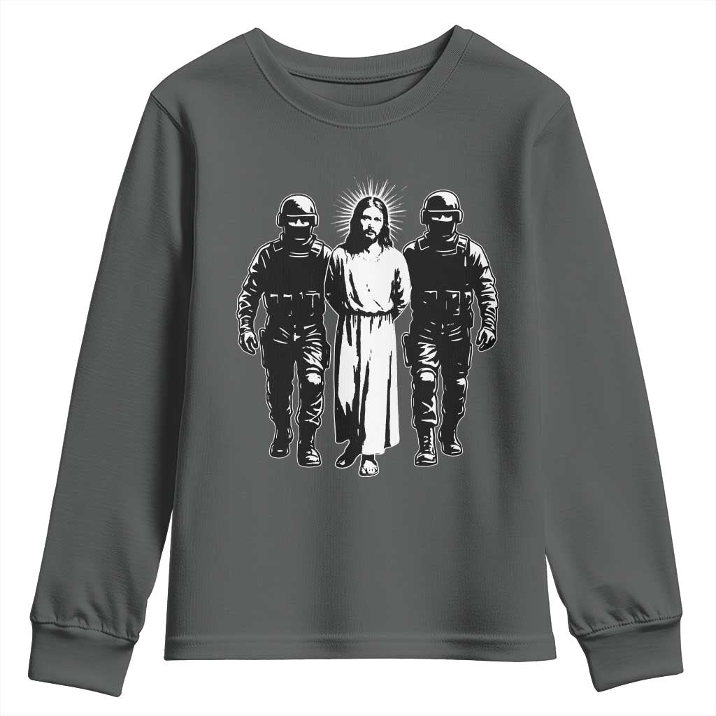 Jesus Arrested Parody Youth Sweatshirt Funny Immigrant Rights Political Protest TS11 Dark Heather Print Your Wear