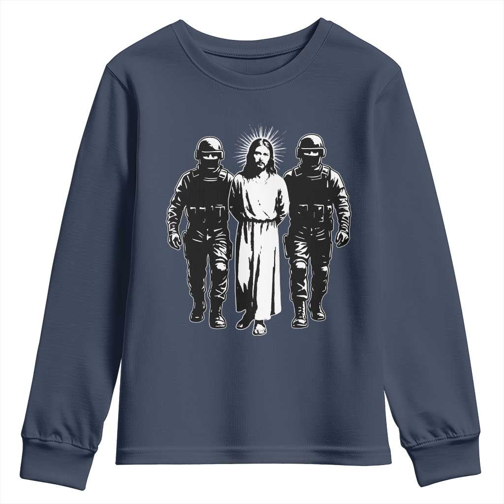 Jesus Arrested Parody Youth Sweatshirt Funny Immigrant Rights Political Protest TS11 Navy Print Your Wear
