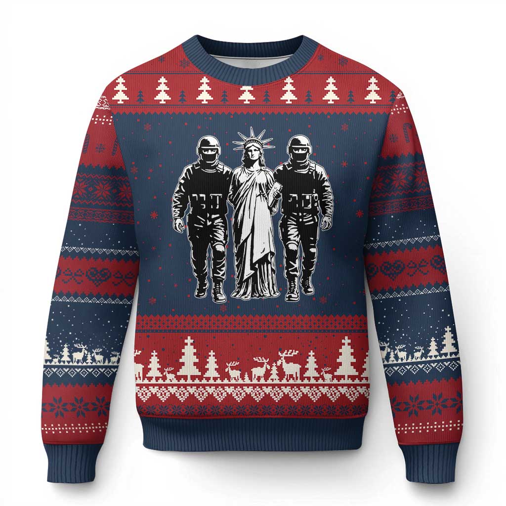Statue Of Liberty Arrested Ugly Christmas Sweater Funny Immigrant Rights Political Protest TS11 Navy Red Print Your Wear