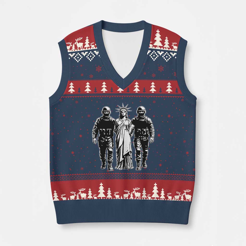 Statue Of Liberty Arrested V-Neck Knit Sweater Vest Funny Immigrant Rights Political Protest TS11 Navy Red Print Your Wear