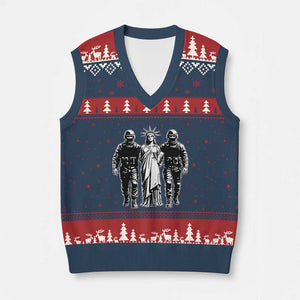 Statue Of Liberty Arrested V-Neck Knit Sweater Vest Funny Immigrant Rights Political Protest TS11 Navy Red Print Your Wear