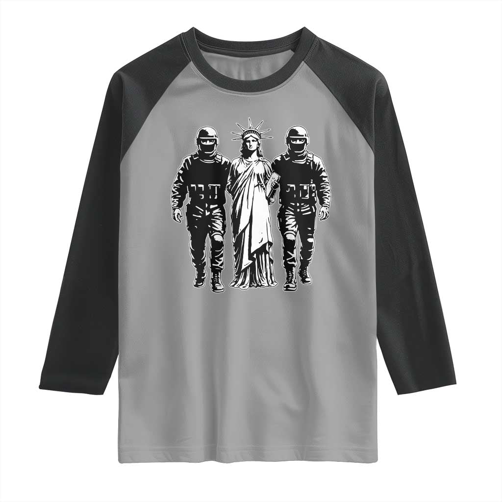 Statue Of Liberty Arrested Raglan Shirt Funny Immigrant Rights Political Protest TS11 Sport Gray Black Print Your Wear
