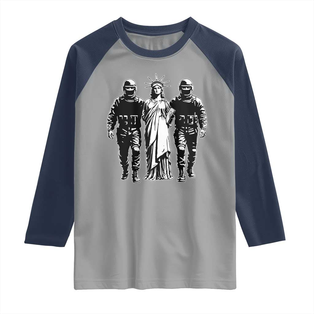 Statue Of Liberty Arrested Raglan Shirt Funny Immigrant Rights Political Protest TS11 Sport Gray Navy Print Your Wear