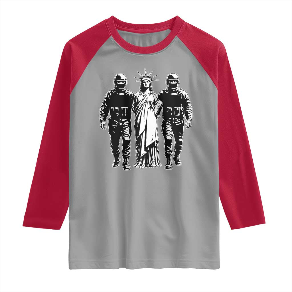 Statue Of Liberty Arrested Raglan Shirt Funny Immigrant Rights Political Protest TS11 Sport Gray Red Print Your Wear