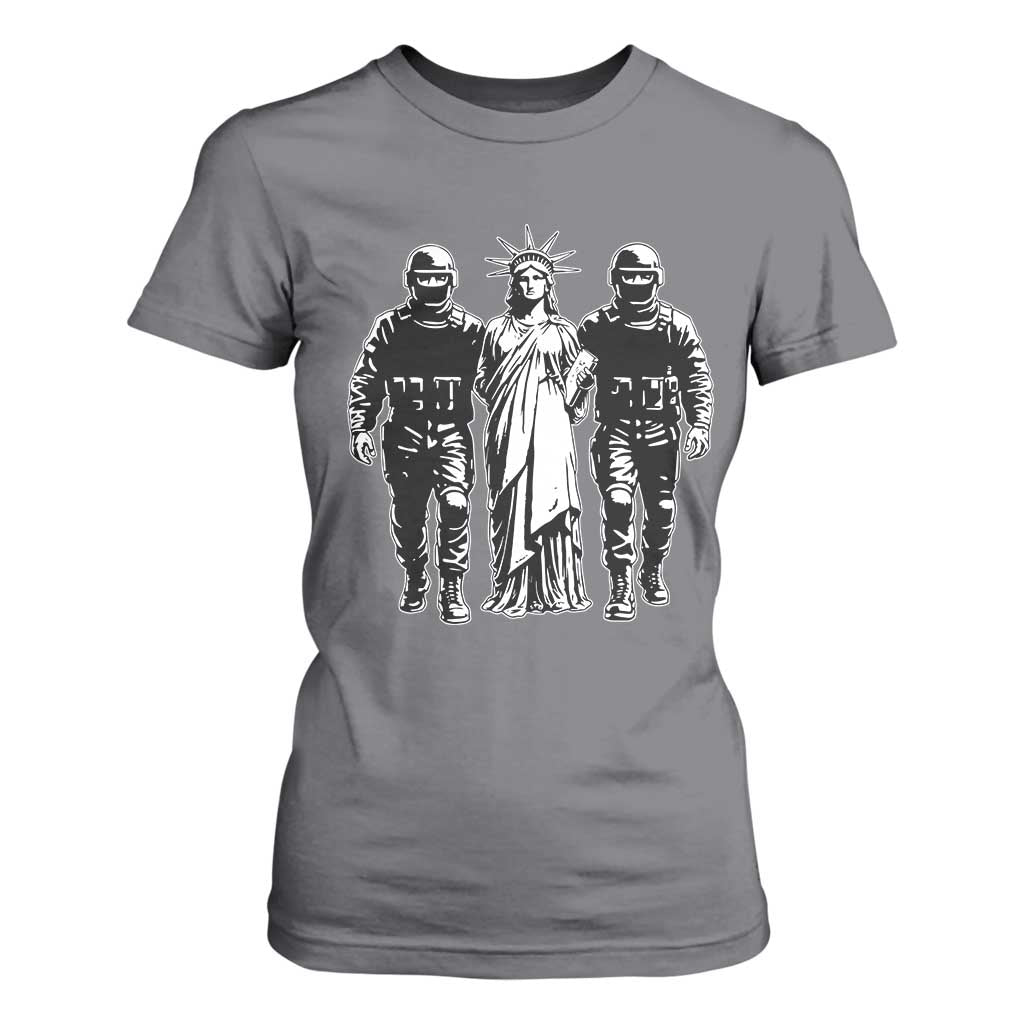 Statue Of Liberty Arrested T Shirt For Women Funny Immigrant Rights Political Protest TS11 Charcoal Print Your Wear