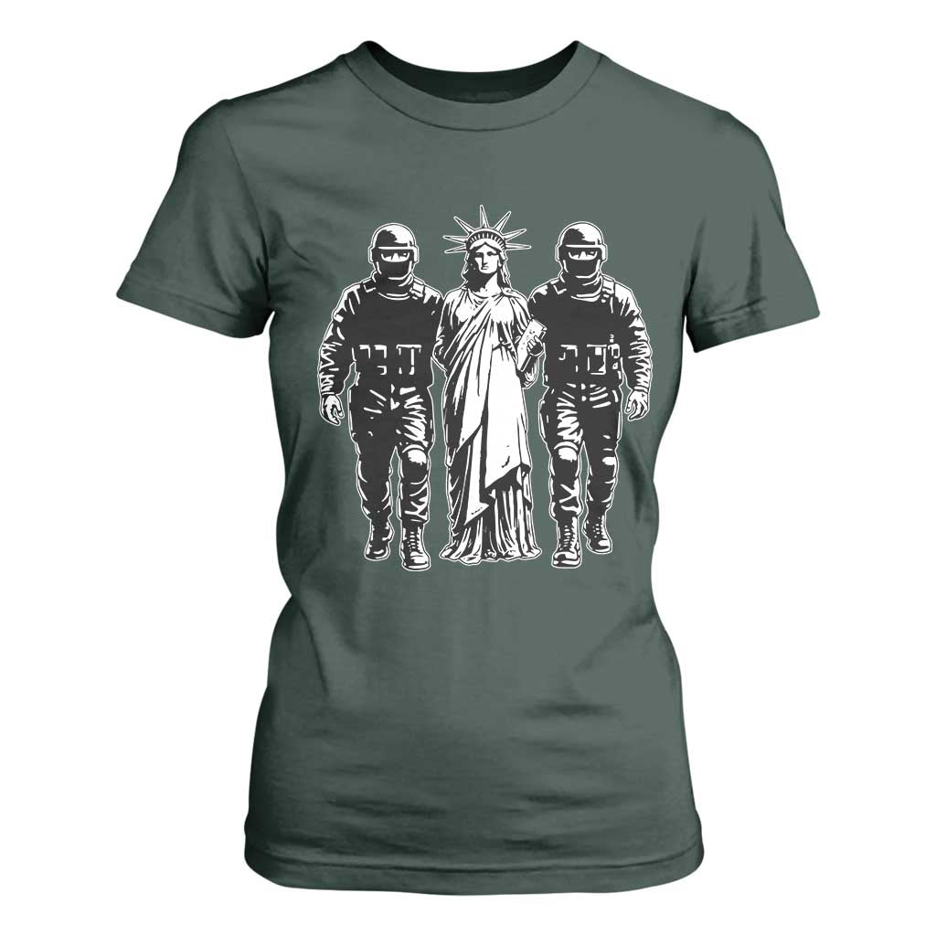 Statue Of Liberty Arrested T Shirt For Women Funny Immigrant Rights Political Protest TS11 Dark Forest Green Print Your Wear
