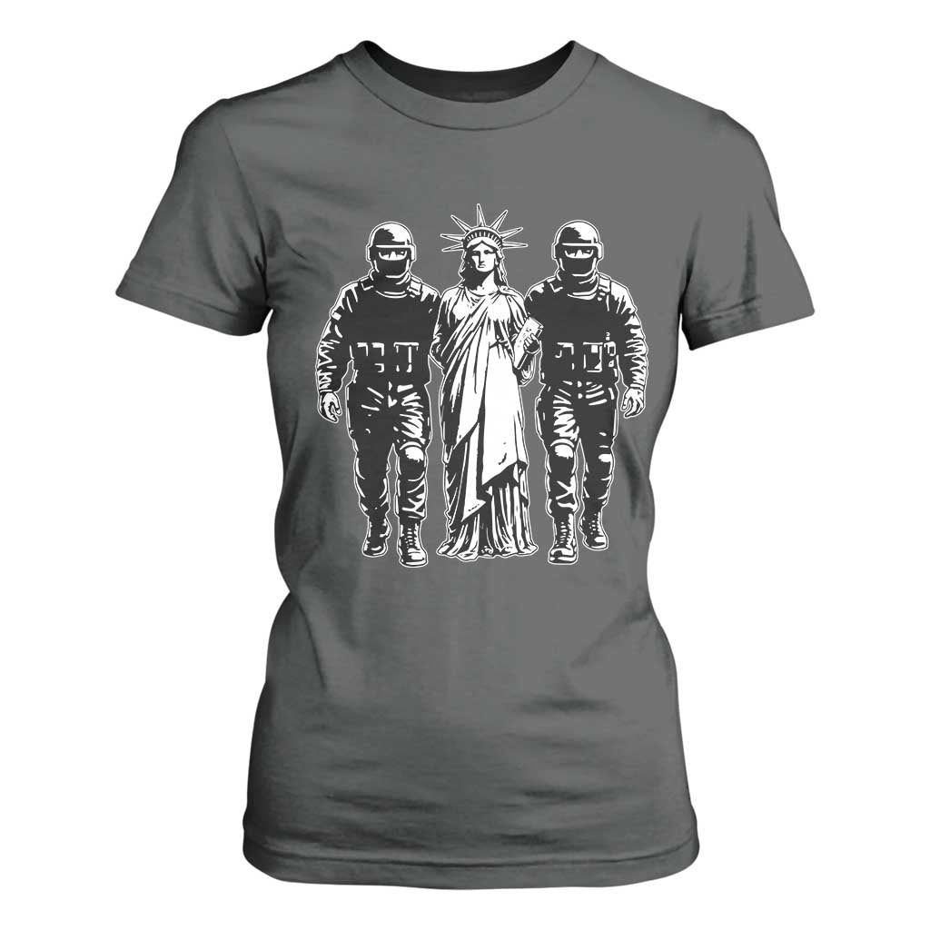 Statue Of Liberty Arrested T Shirt For Women Funny Immigrant Rights Political Protest TS11 Dark Heather Print Your Wear
