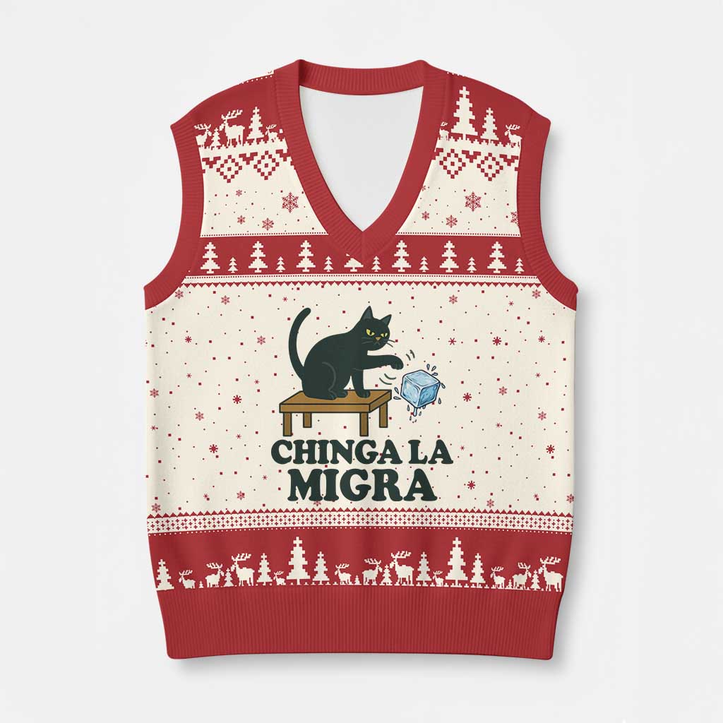 Chinga La Migra V-Neck Knit Sweater Vest Funny Immigration Rights Cat Political TS11 Beige Red Print Your Wear