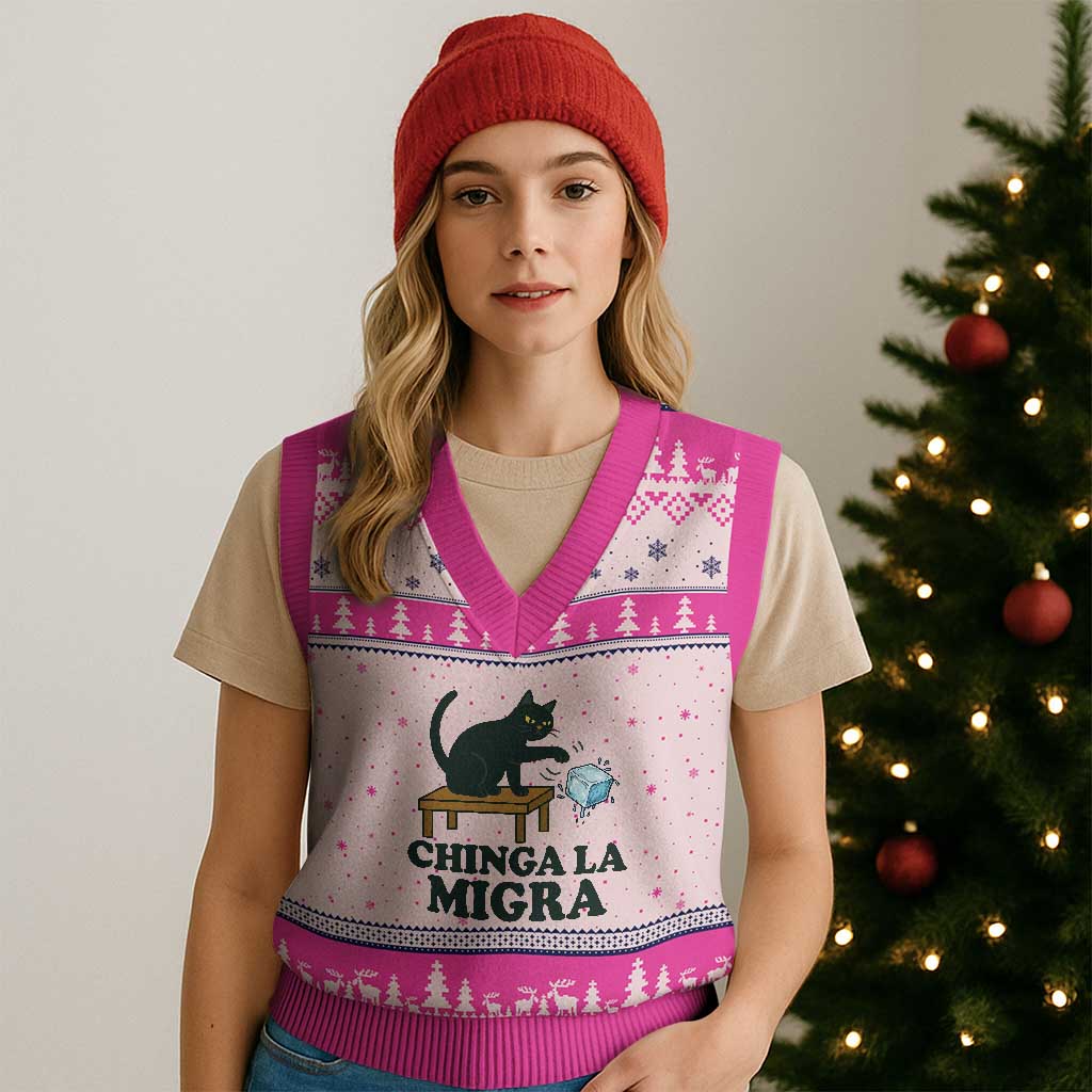 Chinga La Migra V-Neck Knit Sweater Vest Funny Immigration Rights Cat Political TS11 Hot Pink Print Your Wear
